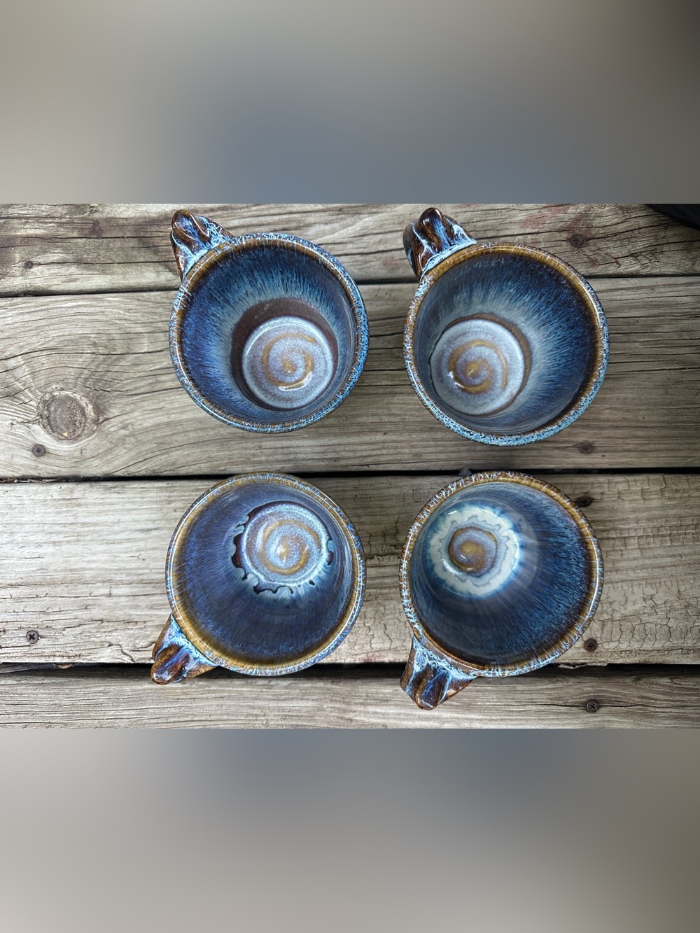Set of 4 Handmade Ceramic Mugs with brown and blue glaze drip effect - Picture 3 of 7